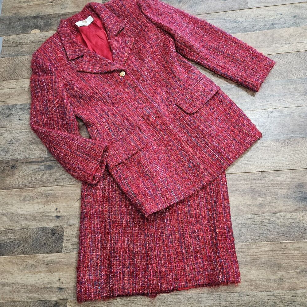 Vintage Robin O'Neal Wool Skirt Suit Womens Tweed Pink Corpcore Career Two-Piece